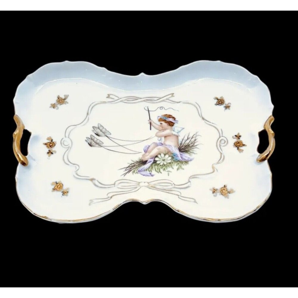 Antq Lenwile Ardalt Gold Butterfly Cupid Angel Fairy Porcelain Plate Tray 6654